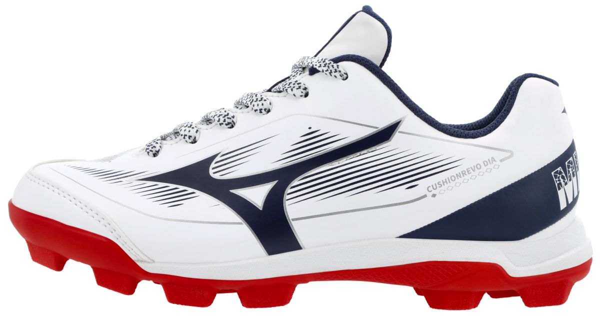 Mizuno Youth Cushionrevo Diamond Jr Low Baseball Cleat White/Navy/Red - 320709.0051