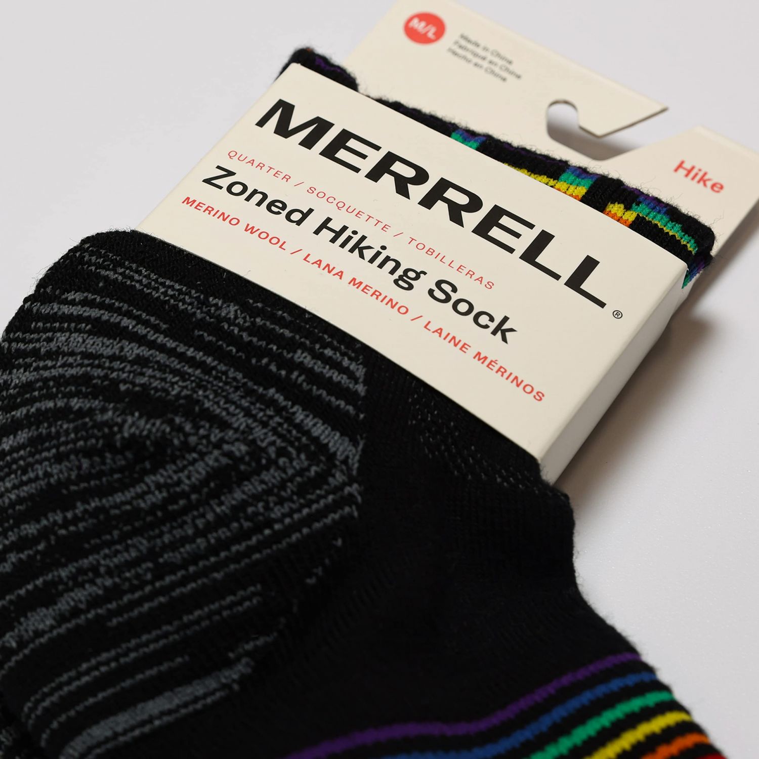 Merrell -men's and -women's Zoned Cushioned Wool Hiking Socks-1 Pair Pack-Breathable Unisex Arch Support, Black Rainbow, Medium-Large