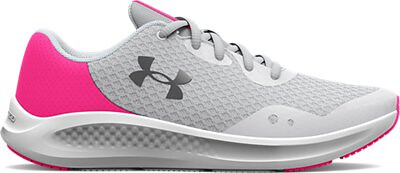 Under Armour Girls' Grade School UA Charged Pursuit 3 Running Shoes Halo Gray/Electro Pink/Metallic Warm Silver - 3025011-100
