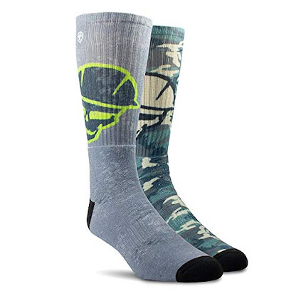 ARIAT Unisex Roughneck Graphic Crew Work Socks Grey/Green 2-Pair Pack - AR2534-050