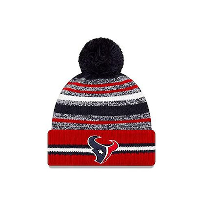 New Era Men's Navy/Red Houston Texans 2021 NFL Sideline Sport Official Pom Cuffed Knit Hat