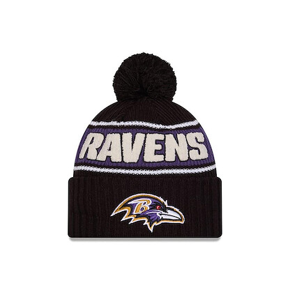 New Era Men's Black Baltimore Ravens 2024 Sideline Cuffed Knit Hat with Pom