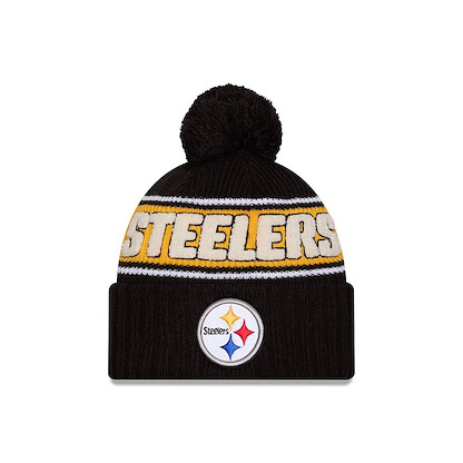 New Era Men's Black Pittsburgh Steelers 2024 Sideline Cuffed Knit Hat with Pom
