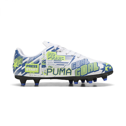 PUMA Unisex-Child Christian Pulisic Legacy Ultra Firm, Artificial Ground Soccer Cleats, White-Lake Blue-Yellow Alert AH25, 11, Big Kid
