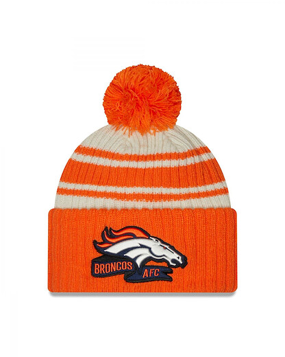 NFL 2022-2023 Sideline Sport Knit beanie New Era American Football hat with pom pom all teams, Beanie-Broncos-Chrome-White-#28011, One Size