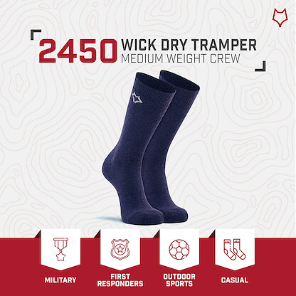 FoxRiver boys Wick Dry Tramper Medium-weight Outdoor Crew hiking socks, Navy, Large