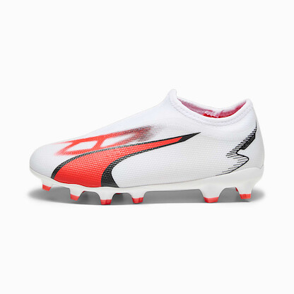 PUMA Kids' Ultra Match Jr Laceless Firm Ground/Artificial Ground Soccer Cleats Puma White/Puma Black/Fire Orchid - 10751401